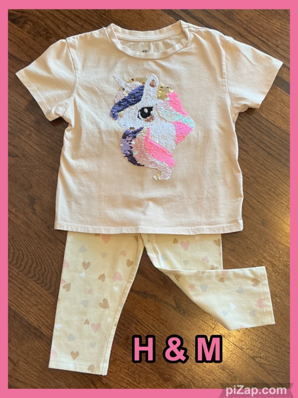 🦄 H&M Girls Cream Unicorn & Hearts Sequin Top&Pants 2pc Set -Pink Accents -Sz 4T
